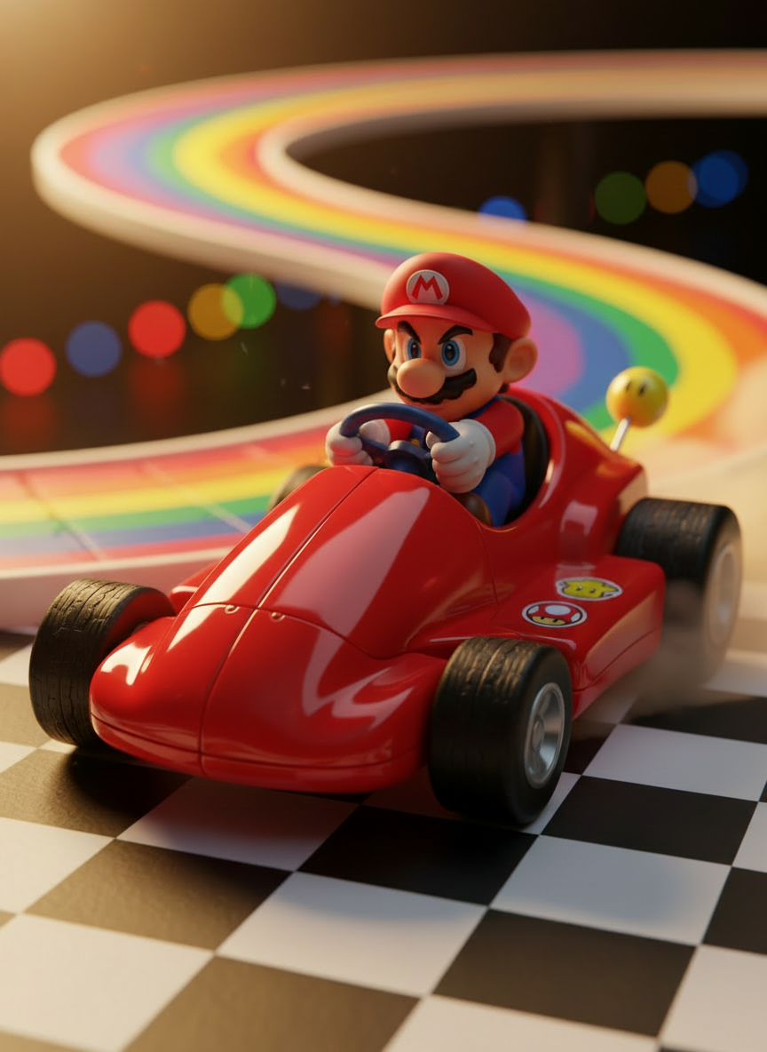A highly detailed, dynamic illustration of the Mario character from Mario Kart driving a go-kart, matching the current site's colorful, energetic Mario Kart fan theme, 3D-rendered style with dramatic lighting, centered composition